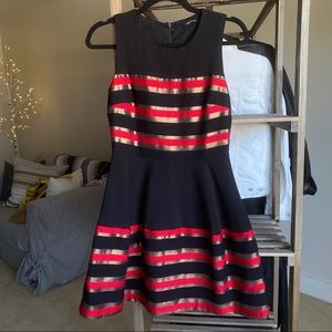 Ark&Co black, red, & gold high neck pleated dress